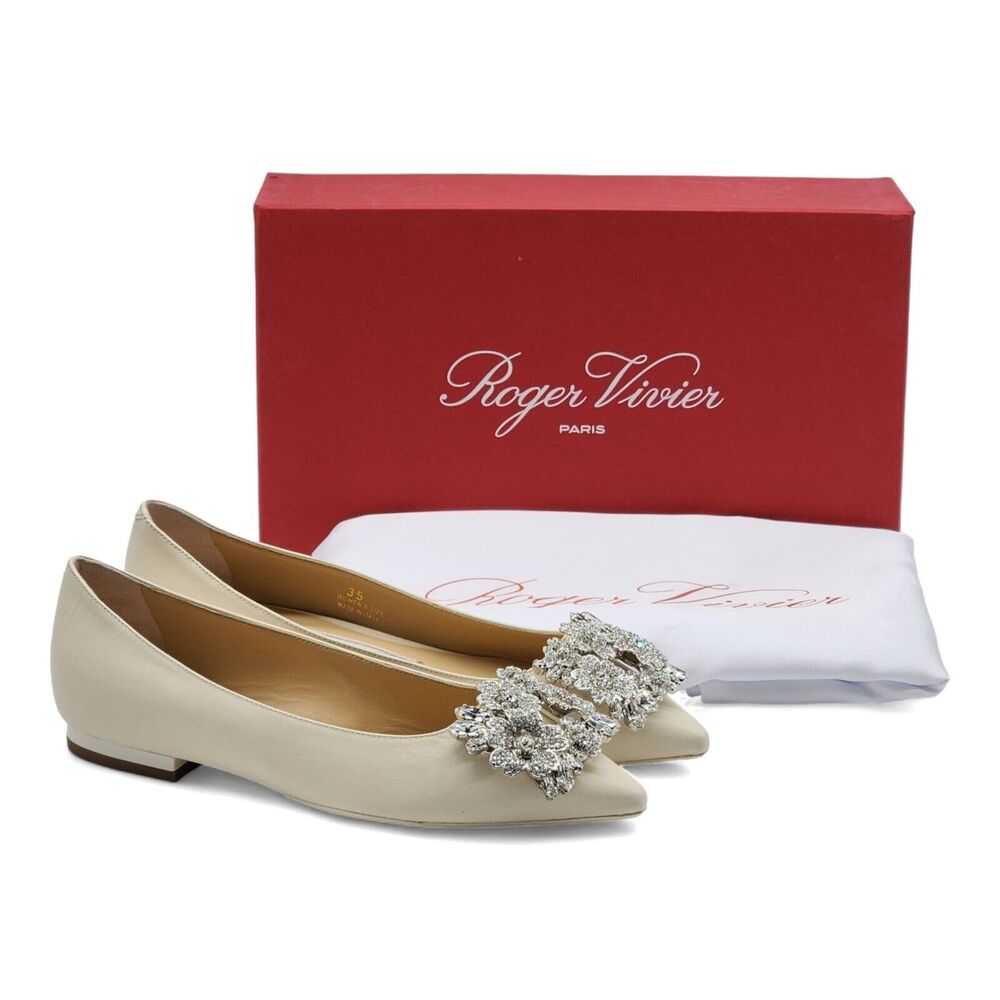 Roger Vivier Flower Strass Leather Ballet Flats in White 35 5 $1650